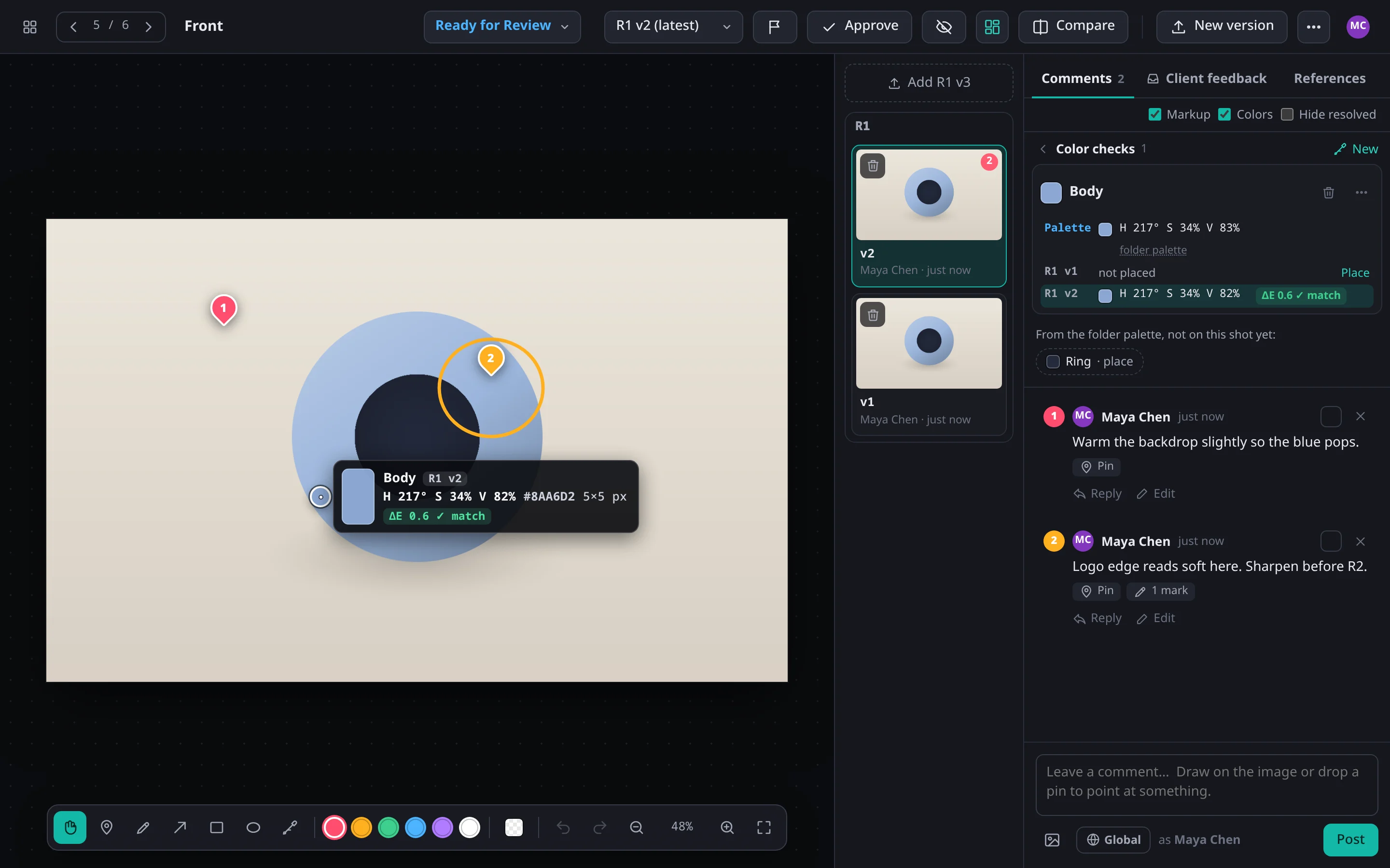 Comment thread beside an image with numbered pins and markup.